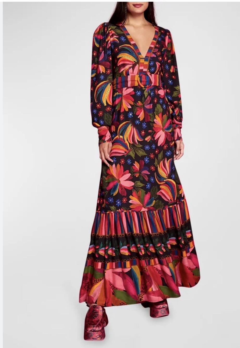 FARM Rio Banana Sky Maxi Dress size XS Black Tropical Floral Ecovero Viscose